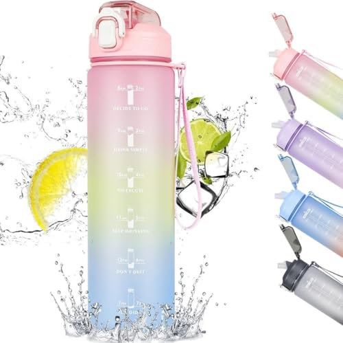 BaiChunDa 1L Water Bottle, Sports Water Bottle with Straw and Time Markings,Motivational Leakproof 1 litre Water Bottle with BPA Free Lid for Sports Gym Office Running (Gradient Pink)