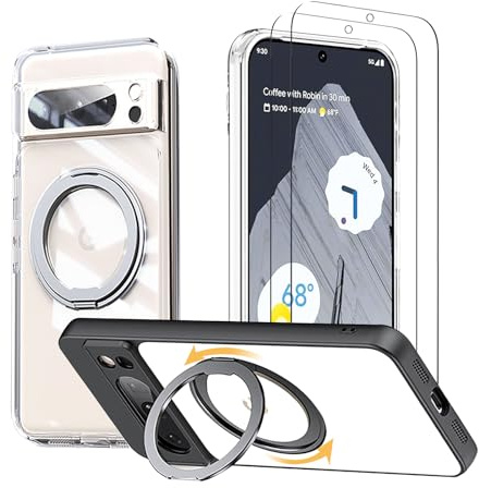 HCXLYP Magnetic Stand Case for Google Pixel 8, Clear | Compatible with Magsafe, 360° Rotation Magnetic Stand, with 2 Tempered Glass Film, Military-Grade Drop Protection Case