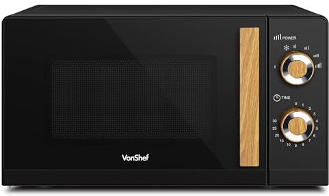 VonShef Microwave 20L 700W - Compact Solo Microwave, 6 Power Levels, Black & Wood Effect, Nordic Design, Large Capacity, Defrost Function, Turntable System & Rotator Ring, Clock & Timer - Fika Range