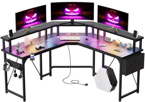 Devoko Gaming Schreibtisch L Form mit LED & Steckdosen, 153 cm Groß Computertisch mit Monitorständer, Reversibler Eckschreibtisch mit 2 Haken&Seitentasche, Kohlenschwarz