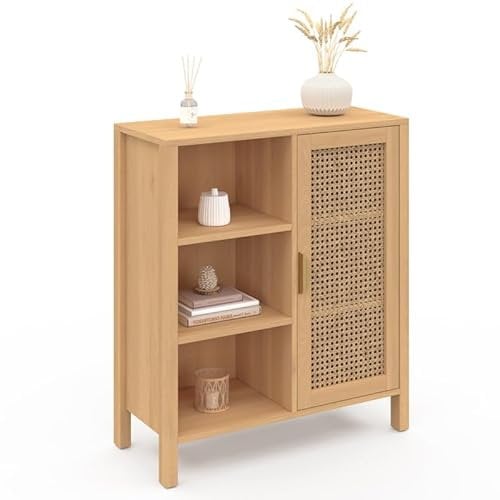 IDMarket - Buffet d'appoint 3 étagères et Placard 70 cm EDHEN Bois et cannage