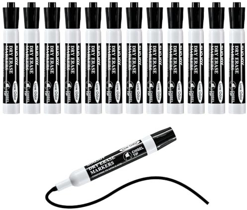 SUQJOY Dry Erase Markers, Chisel Tip Whiteboard Marker, Low Odor Thick Dry Markers, 12 Bulk Black Color Markers for Kids/Teachers.