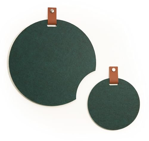 Pinnwand, Memoboard, rund, Wanddekoration, Akustikbild, Kunstwerk, Kunstobjekt, Akustik Filz Paneel, zweiteilig, Echtleder Riemen 50x47cm Inneneinrichtung (Smaragdgrün)