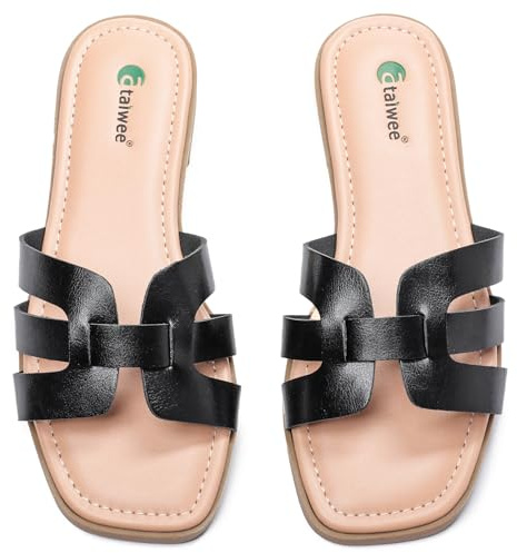 Ataiwee Damen Flache Sandalen für den Sommer - Bequeme Pantoletten aus Kunstleder,Elegante und Lässige Slip-on Pantoletten mit Offener Spitze, (2307018,Schwarz/MF,42 EU)