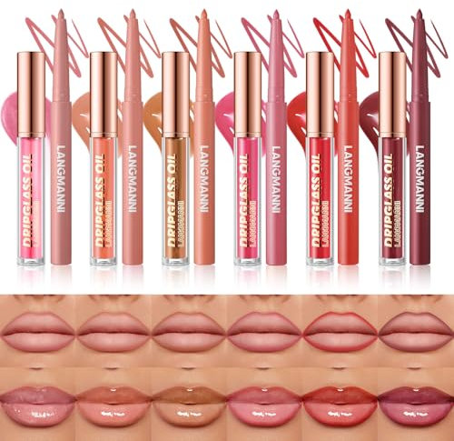 12 Pcs Hydrating Lip Oils + Lip Liner Pencil Combo Sets, Nude Lipliner Glass Lip Glosses Long Lasting Non-Fading Waterproof Lip Makeup Set Gift For Women
