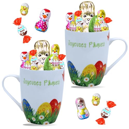 Assortiment de Chocolats de Pâques | 2 Mugs garnis de 20 confiseries : KINDER Schokobons, Moulage Lapin, Figurines et Œufs | Idéal à Offrir, Cacher ou comme Décoration de Pâques