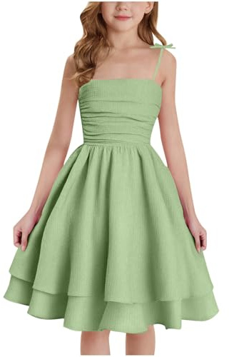 duxyoz Girl's Summer Dresses Spaghetti Strap Swing Pleated Cotton Dress Tween Kids Flowy Front Ruched Boho Beach Casual Midi Sundress for Princess Birthday Party Wedding Prom Gown