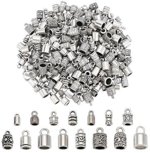 PH PandaHall 90PCS Cord End Caps 15 Styles Antique Silver Leather Tassel Cap Alloy Tube Barrel End Tip Cord Link Buckle Glue-in End Cap for DIY Kumihimo Bracelets Necklaces Jewellery Making