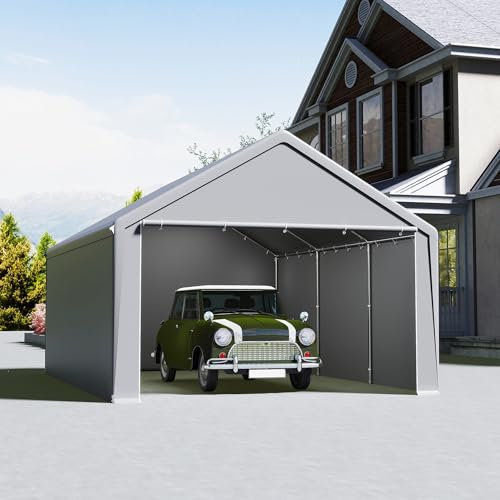 UISEBRT Garage de tente, 4 x 6 m, abri de voiture, tente de garage et de rangement, avec bâche en polyéthylène robuste, cadre en acier, renforcement du toit et du sol, résistant aux intempéries, pour