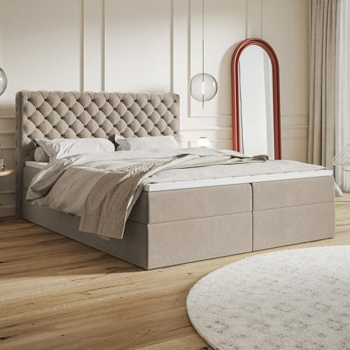 MOTIVENA Nero Chesterfield Boxspringbett 160x200 mit Bettkasten und Topper, Polsterbett 160x200 mit Bettkasten, Taschenfederkern-Matratze (H3), Visco Topper (H2), Samt, Beige