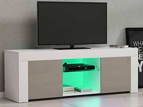 Panana Modern TV Unit 120x35x35cm TV Stand Cabinet High Gloss Front and Matt Body with RGB LED Lights for Living Room Bedroom (Grey & White)