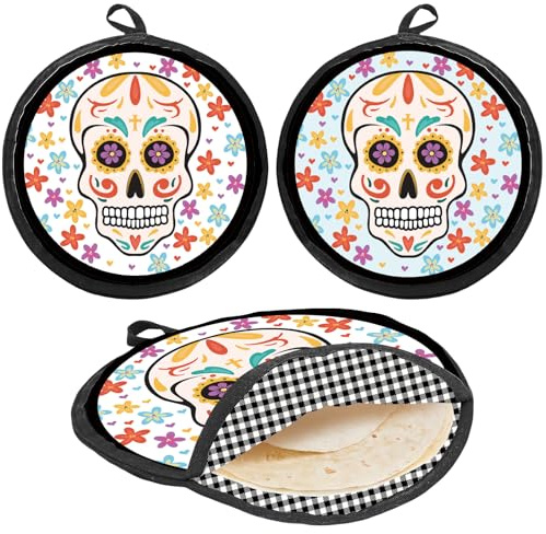 CREATCABIN Tortilla Warmer Pouch 12 Inch Insulated Cloth Pouch for Tortilla Keepers Skull Microwaveable Fabric Tortilla Holder Pouch Food Warmer Holder for Tacos Naan Pizza Flour Tortillas