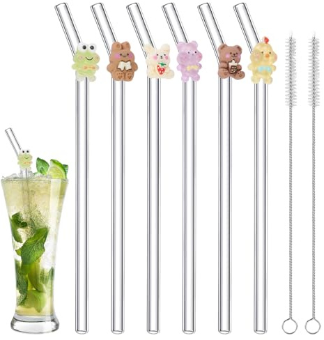 6 Pcs Glass Straws Reusable, Glass Straws with 2 Cleaning Brushes, Bent Straw Reusable Shatter Resistant for Smoothie, Milk, Coffee, Cocktail, Water, Juice