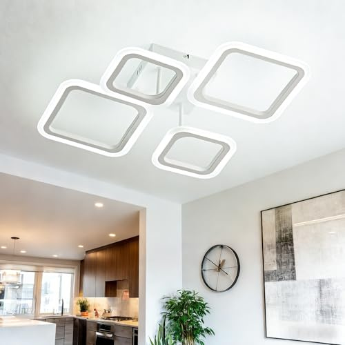 OKELI Moderne LED-Einbauleuchten, 24 W Kronleuchter-Deckenleuchte mit 4 quadratischen Acryl-Elementen, große weiße Deckenleuchten für Wohnzimmer, Schlafzimmer, Küche, 6000 K