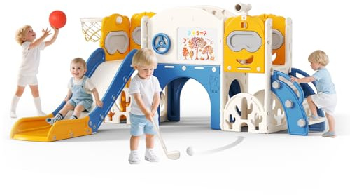 11 in 1 Kids Slide,170cm Extra-Long Slideway with Basketball Hoop, Magnetic Drawing Board & Climbing Ladder | BPA-Free HDPE Toddler Playground Equipment for Indoor/Outdoor (blue-orange)