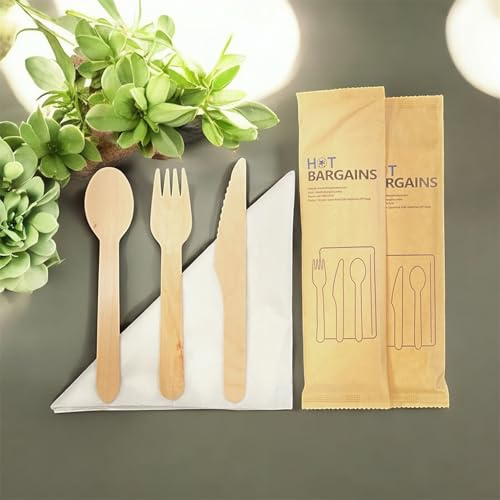 HOT BARGAINS 50 X Wooden Cutlery Sets Mixed Individually Wrapped Each Set Contains 4pcs Wooden Fork, Spoon, Knife and 2-Ply Napkin (50)