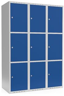 kaiserkraft | 3er-Schließfachschrank Fydor | 3 Abteile | lichtGrau/Enzianblau | B 1200 mm | Flache Dachform | Zylinderschloss