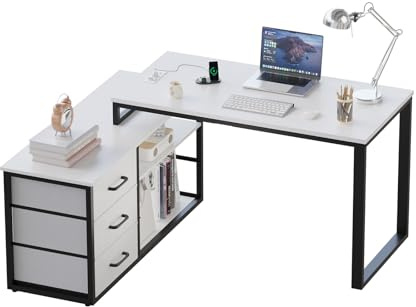 JUMMICO Eck-Schreibtisch mit 3 Schubladen, 140 x 105 cm, klappbarer L-förmiger Schreibtisch, ausgestattet mit Steckdose und USB-Ladeanschluss, Stauraum, geeignet für das Homeoffice,Grau