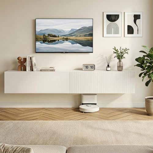 Amveya Mobile TV Sospeso Bianco 200 cm con Frontale Scanalato | Mobile sospeso soggiorno e consolle sospesa con ampio contenitore, ideale come mobile TV moderno per la zona giorno