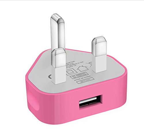 USB Compact Universal UK Mains Charger 1000 mAh CE Approved Adapter Cable Compatible with Mobile Phones iPhone 5 6 7 8 X iPod/Samsung Galaxy S2 S5 S6 S7 S8 S9/Smart phones/Media devices (Baby Pink)