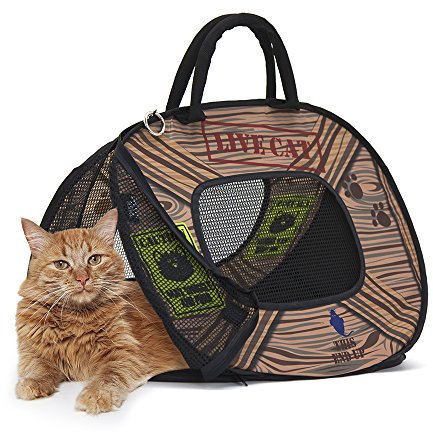 SportPet Designs Cat Carrier with Zipper Lock- Foldable Travel Cat Carrier - Pet Pen, Blue/Brown (CM-0431-CS01)
