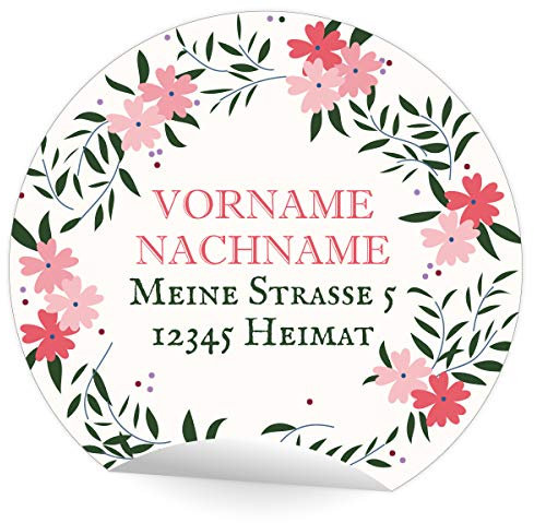 24 schöne, personalisierbare Adress-Aufkleber mit Blumenkranz, MATTE Etiketten runde Sticker mit ihrer Adresse, Text nach Wunsch universal runde selbstklebende Sticker ø 45mm
