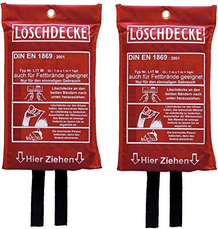 Löschdecke Brandschutzdecke 1 x 1 m, DIN EN 1869:2001, auch für Fettbrände Fettbrand Küche Feuerlöschdecke Auto 100 x 100 cm 2 Stück