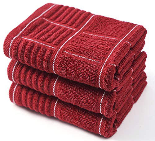 ANYI Lot de 3 torchons de Cuisine absorbants très résistants avec Boucle de Suspension 100% Coton, 40,6 x 66 cm, Rouge et Blanc