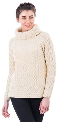 SAOL 100% Merino Wool Irish Fisherman Knitted Funnel Neck Ladies Long Loose Fit Sweater Jumper (Natural, X-Small)