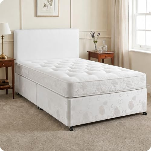 Comfy Deluxe LTD Hilton Divan Bed Set - 3FT Single, White | Faux Leather Bed Frame with 20 Inch Headboard | Quilted Orthopaedic Mattress Included | No Storage Drawers | UK Made
