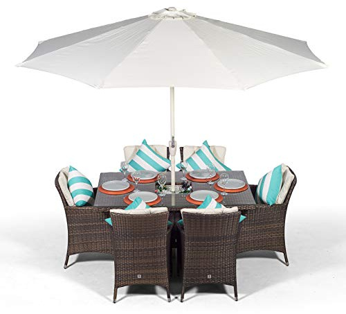 Giardino Savannah Rattan Garden Dining Set 6 Seater Outdoor Rectangle Table & Chairs with Ice Bucket, Parasol & Cover, Patio Furniture Set, Aluminium Frame, 150 x 100cm, Brown