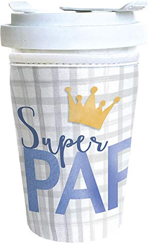 Rannenberg & Friends Coffee to go Becher aus Fine Bone - bekleidet mit einem Neopren Cup Cover Motiv “ Super Papa “ - verschließbar - 0,35 l Füllmenge