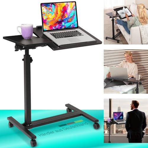 ELONEO maxVitalis mobiler Betttisch auf Rollen, Stehtisch höhenverstellbar/breitenverstellbar, Tischplatte neigbar/klappbar, Bett-Beistelltisch für Krankenbett, Pflegebett, Laptoptisch (Schwarz)
