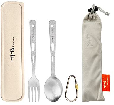 TiTo Titanium Ensemble Couverts Camping Cuillère Fourchette Ultra-Léger Portable Fourchette Réutilisable Ensembles l'environnement avec Sac pour Voyage Pique-Nique Randonnée(Titanium Spoon Fork)