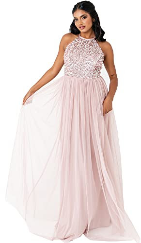 Maya Deluxe Damen Abendkleid Pailletten Cocktailkleid Tüllkleid Kleid Nackenband Elegant Für Hochzeit Brautjungfernkleid Bridesmaid Dress, Frosted Pink, 40 EU