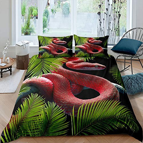 feelingyou Rote Schlange Bettwäsche-Set 3D Coiled Snake Bettwäsche Set 135x200cm Grüne Blätter Betten Set für Kinder Jungen Mädchen Teenager 2St.Reißverschluss Mikrofaser