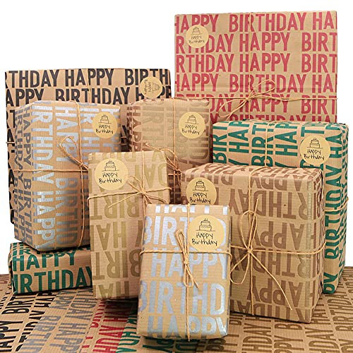 Kraft Geschenkpapier Geburtstag, Recycling-Geschenkpapier, 12 Blatt 70 * 50 cm braunes gefaltetes Papier mit Jutesaiten, Aufklebern und Schleifen für alle Geburtstagsanlässe