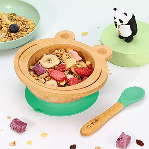 Vinsani Frog Bamboo Bowl and Spoon Set for Baby/Toddler, Frog Shaped Suction Bowl, Stay-Put Design, Hypoallergenic and BPA-Free (Green)