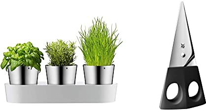 WMF Gourmet Kräutertopf mit Bewässerungssystem 3-teilig, Kräutergarten für die Küche, 36x 12,5X 12,5 cm, für frische Küchenkräuter, weiß & Kräuterschere Edelstahl Silber