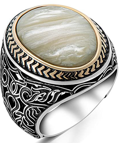 Massives 925 Sterling Silber Filigranes Design Oval Perlmutt Stein Herren Ring Metall Perlmutt, Metall, Perlmutt