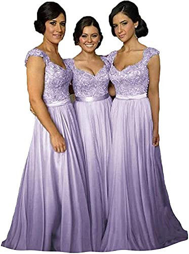 dinavian Langes Maxikleid für Damen, Chiffon-Applikationen, Spitze, für Brautjungfer, Hochzeitskleid, Flieder, 38