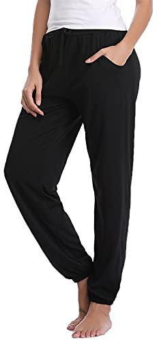 Nieery Pyjamahose Damen Baumwolle Schlafanzughose Lang Jogginghose Sporthose Sweatpants Freizeithose Hausanzug Nachtwäsche Schwarz XXL