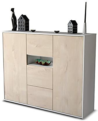 Stil.Zeit Highboard Kommode Quinta, Korpus Weiss matt, Front Holz-Design Zeder (136x108x35cm), Push-to-Open Technik & Leichtlaufschienen