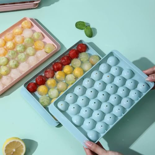 2Pcs Runde Eiswürfelablage mit Deckel, 33-Fach Eiswürfelform, Mini-Kreis Eiswürfel-Tablett Machen, Ice Cube Ball Mold, Eiswürfelbehälter für Bier Cocktail Whisky Gekühlte Getränke