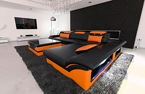 Ecksofa Monza L Form Ledersofa Sofa - mit LED Beleuchtung, verstellbare Kopfstützen, Recamiere/Lederfarben wählbar/Ausrichtung wählbar (Ottomane rechts, Schwarz-Orange)