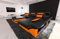 Ecksofa Monza L Form Ledersofa Sofa - mit LED Beleuchtung, verstellbare Kopfstützen, Recamiere/Lederfarben wählbar/Ausrichtung wählbar (Ottomane rechts, Schwarz-Orange)