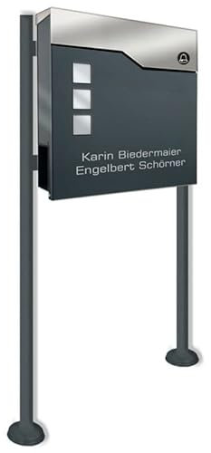 Briefkasten in anthrazit incl. Standfuß, Beschriftung und FUNKKLINGEL - aus pulverbeschichtetem Stahl mit Zeitungsrolle und Sichtfeldern