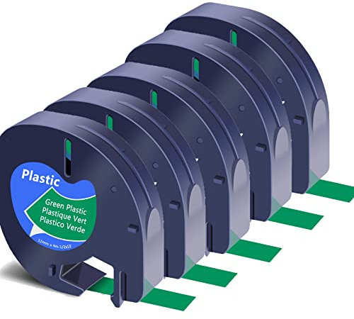 5x Schriftband Etikettenband kompatibel für Dymo LetraTag 91224 Schwarz auf Grün (12mm x 4m), Kunststoff, laminiert, für Dymo LetraTag LT-100H, LT-100T, LT-110T, QX 50, XR, XM,Plus Etikettendrucker