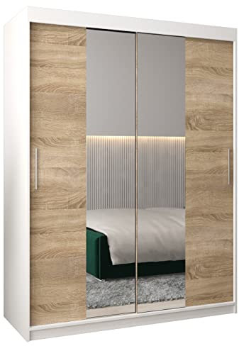 ABIKSMEBLE Tokio 1 150 Armario 2 Puertas Correderas para Dormitorio - Armario Moderno con Espejo, Barra y Estantes - 150x200x62 cm (Ancho x Alto x Fondo) - Bianco Mate + Sonoma