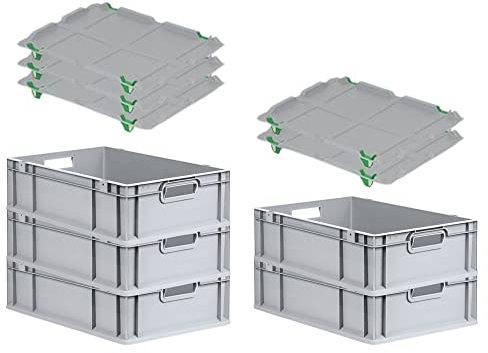 PROREGAL SuperSparSet 5x Eurobox NextGen Grip mit Auflagedeckel & 4 grünen Schiebeschnappverschlüssen, HxBxT 17x40x60cm, 34 L, Grau, Griffe offen, Eurobehälter, Transportbox